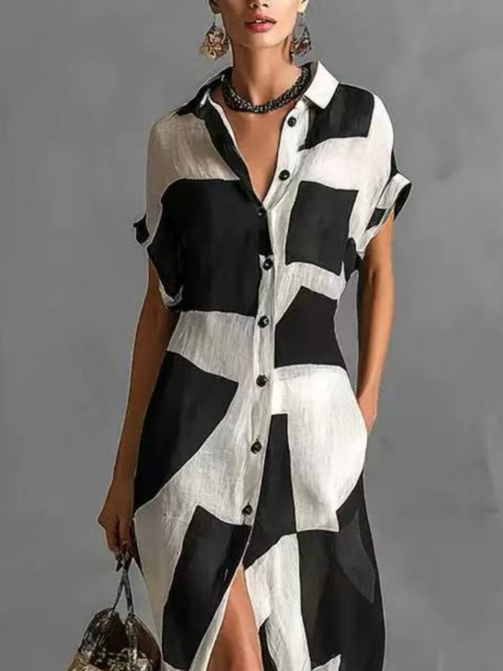 Zimmermann Button-Front Black and White Geometric Maxi Shirt Dress - Picture 3 of 6